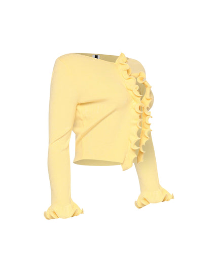 Light yellow long sleeve cardigan with lettuce-edge frills and cropped fit

