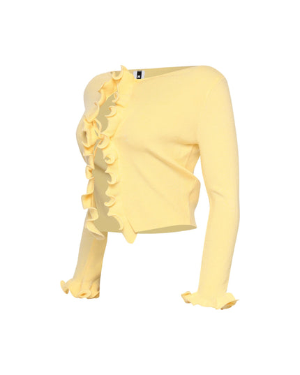 Soft yellow cardigan top with double tie closure and feminine silhouette

