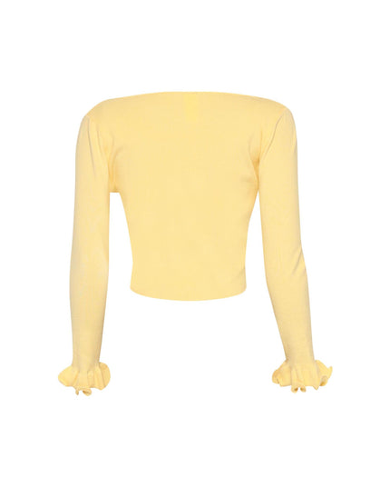 Knit yellow cardigan with ruffled cuffs and open front detail

