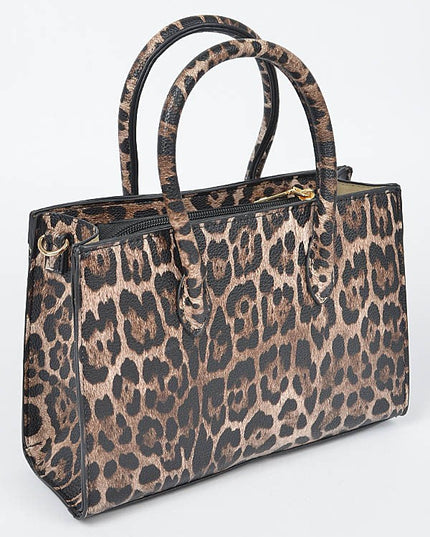 Back view of leopard print handbag with double top handles, showing the structured design.
