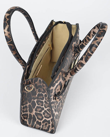 Top view of the open leopard print handbag revealing its beige interior and zippered pocket.