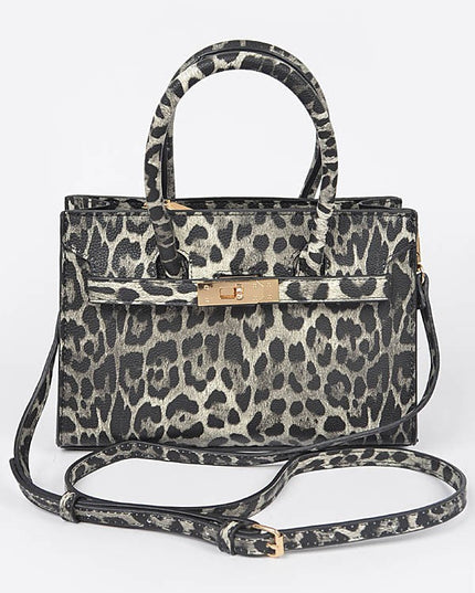 Grey leopard print handbag with dual top handles and a detachable shoulder strap.