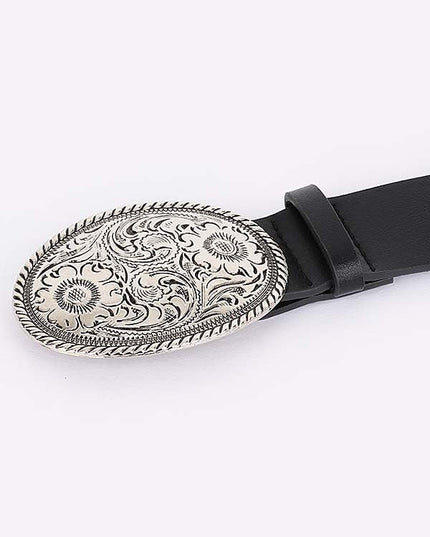 Western-inspired black belt styled on waist with engraved buckle

