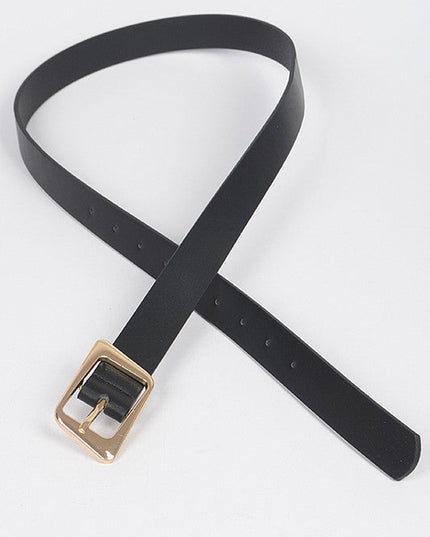 Sleek black waist belt with polished gold hardware and classic holes

