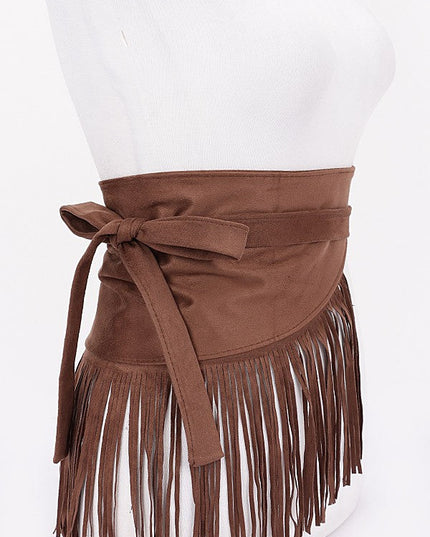 Brown faux suede fringe belt styled wrapped around waist


