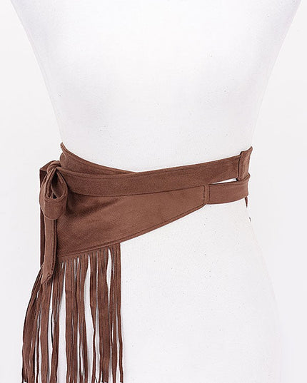 High-waisted tie belt with cascading fringe in suede finish

