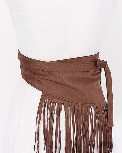 Soft faux suede wrap belt with side tie and long fringe

