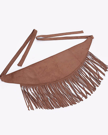 Layered suede wrap belt with dramatic fringe and soft texture

