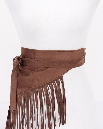 Flat lay of brown fringe waist belt with long tie straps

