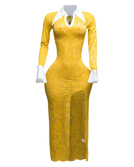 Accent Collared lace maxi dress with slit - Muvin 