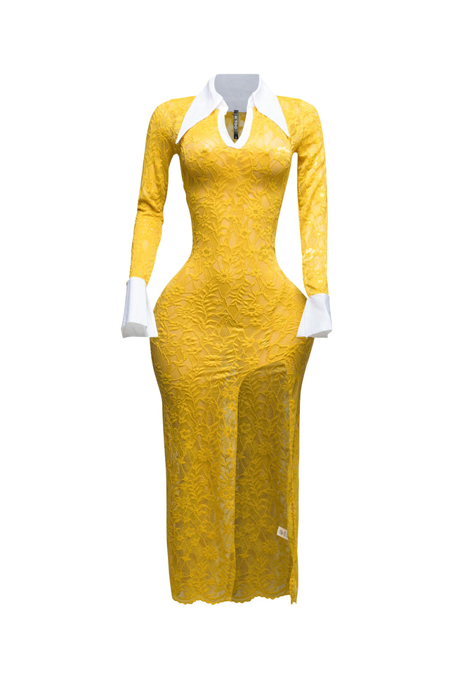 Accent Collared lace maxi dress with slit - Muvin 