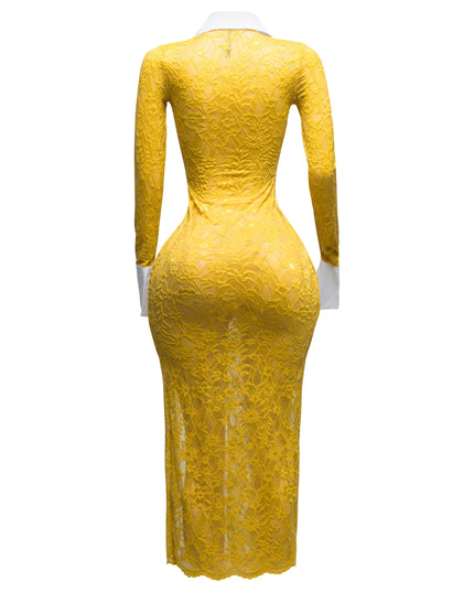 Accent Collared lace maxi dress with slit - Muvin 