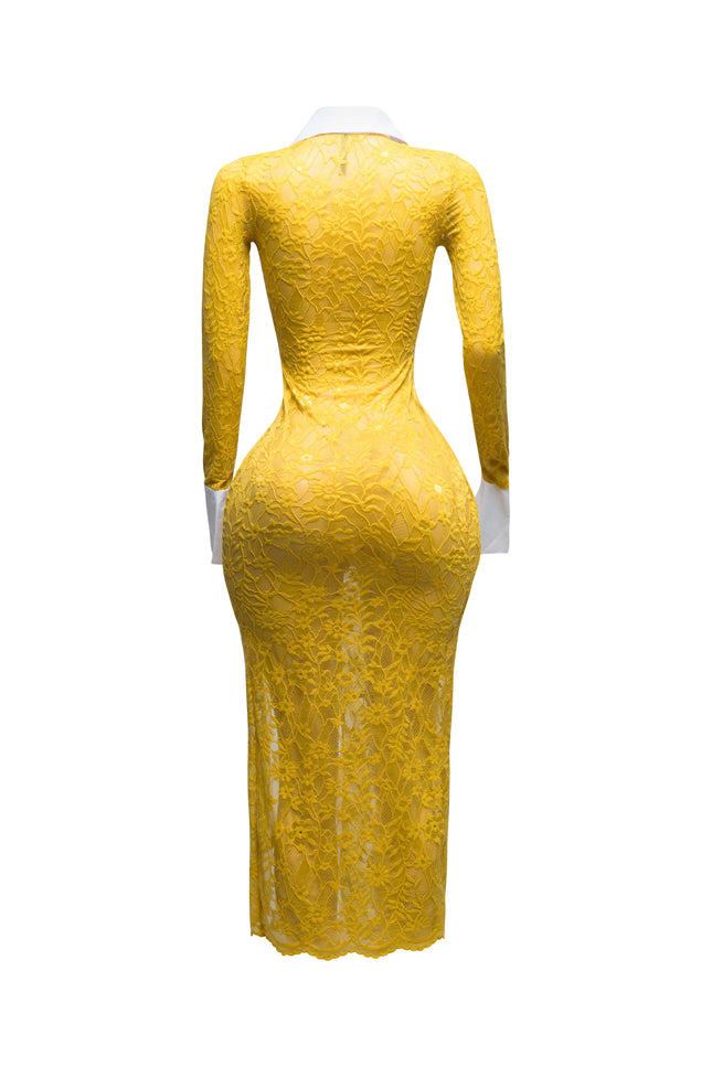 Accent Collared lace maxi dress with slit - Muvin 