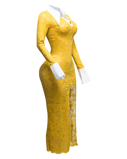 Accent Collared lace maxi dress with slit - Muvin 