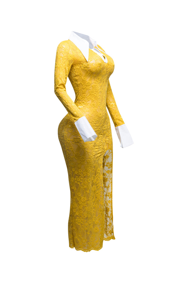 Accent Collared lace maxi dress with slit - Muvin 