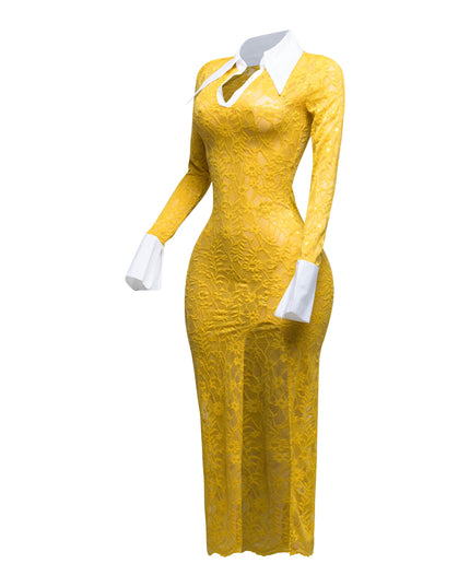 Accent Collared lace maxi dress with slit - Muvin 