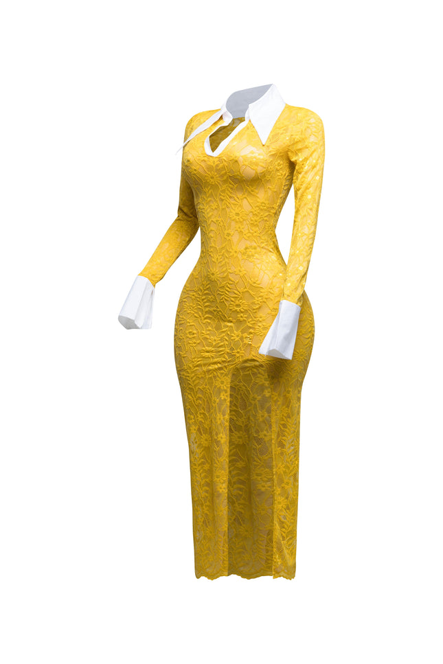 Accent Collared lace maxi dress with slit - Muvin 