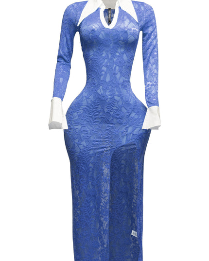 Accent Collared lace maxi dress with slit - Muvin 