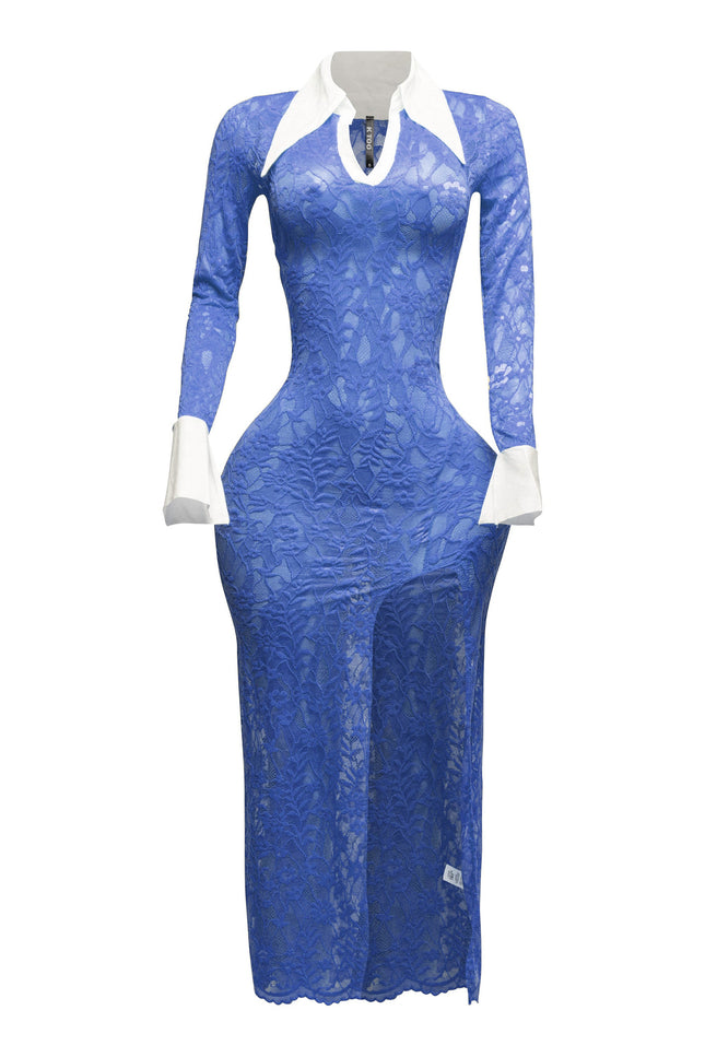 Accent Collared lace maxi dress with slit - Muvin 