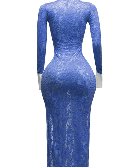 Accent Collared lace maxi dress with slit - Muvin 