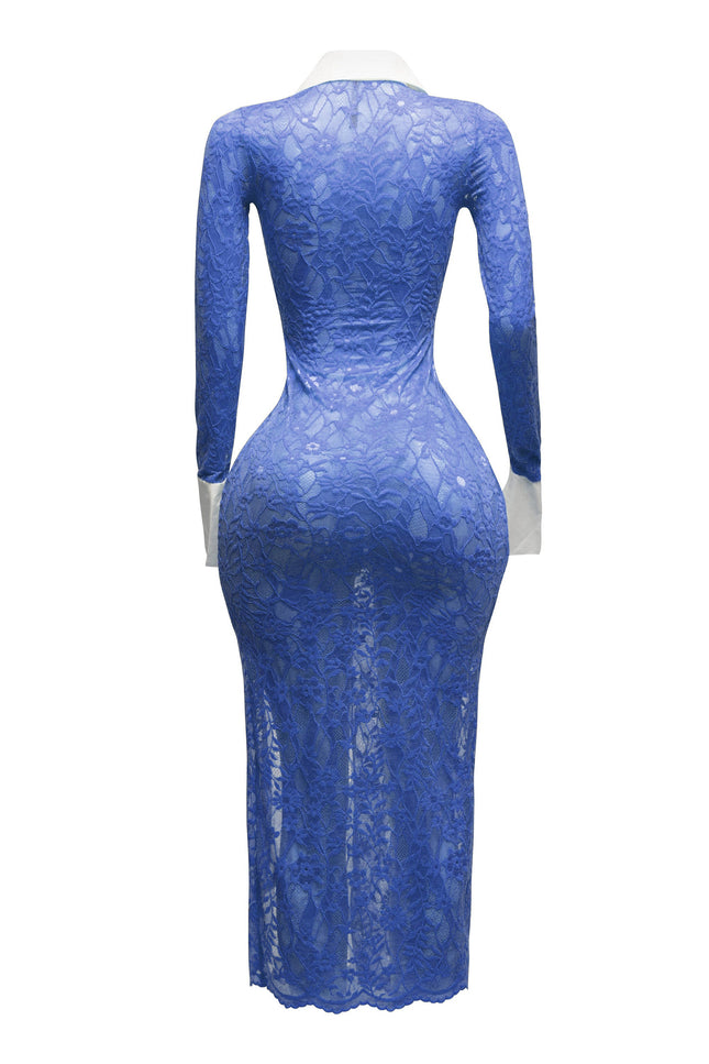 Accent Collared lace maxi dress with slit - Muvin 