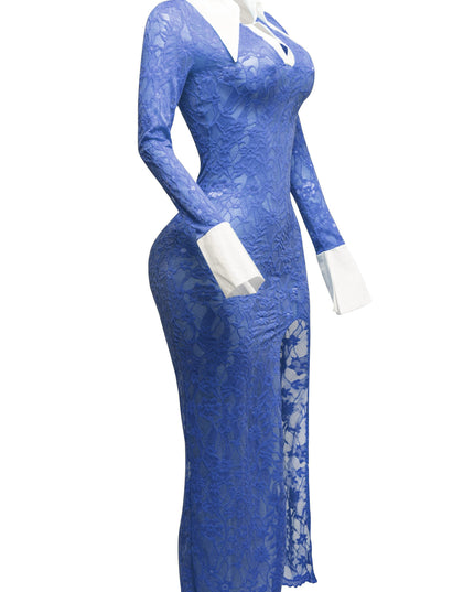 Accent Collared lace maxi dress with slit - Muvin 