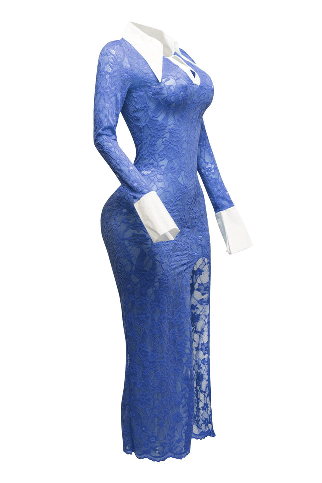 Accent Collared lace maxi dress with slit - Muvin 
