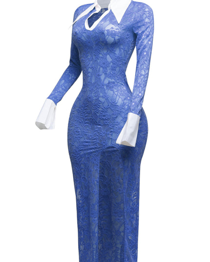 Accent Collared lace maxi dress with slit - Muvin 