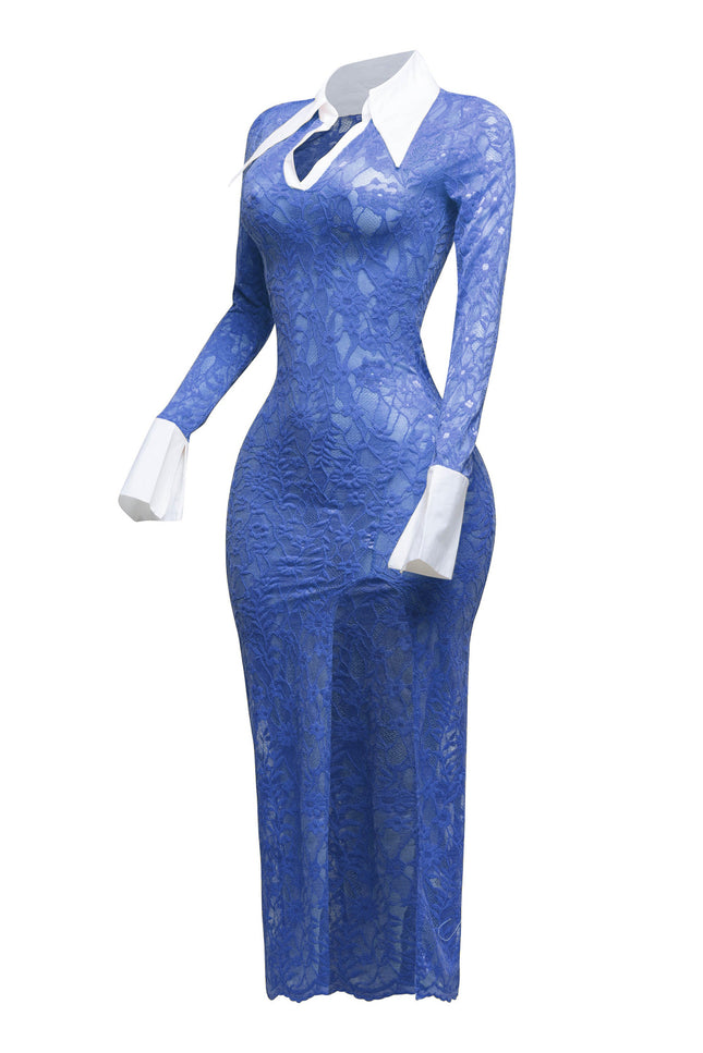 Accent Collared lace maxi dress with slit - Muvin 