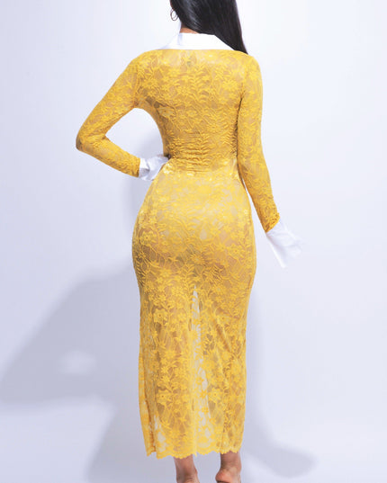 Accent Collared lace maxi dress with slit - Muvin 