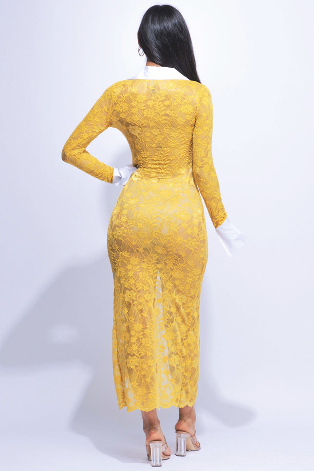 Accent Collared lace maxi dress with slit - Muvin 