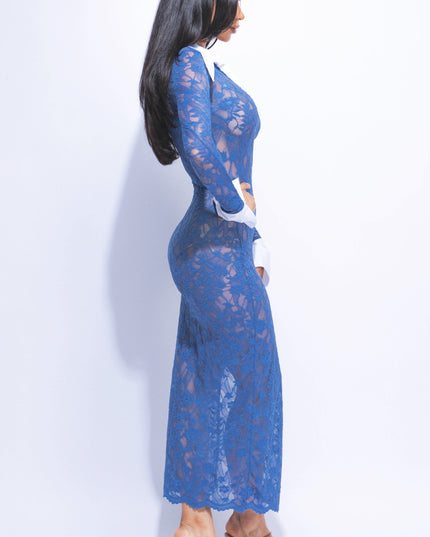 Accent Collared lace maxi dress with slit - Muvin 