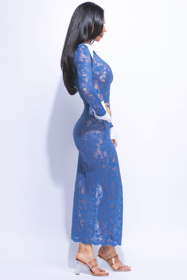 Accent Collared lace maxi dress with slit - Muvin 