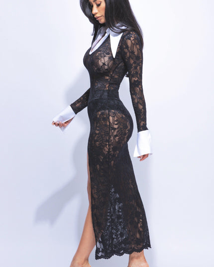 Accent Collared lace maxi dress with slit - Muvin 
