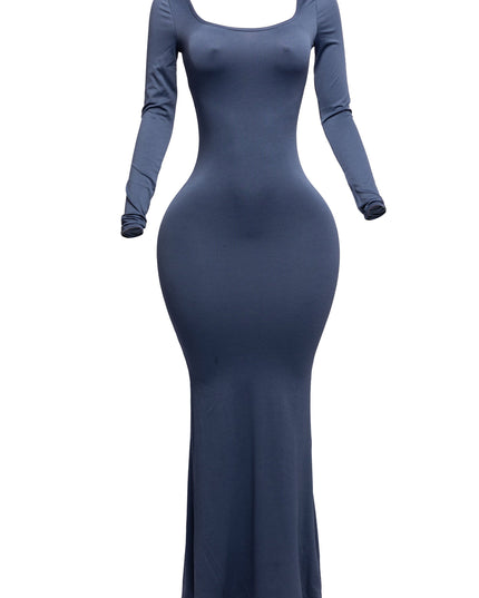 Scoop neck long sleeve mermaid maxi dress - Muvin 