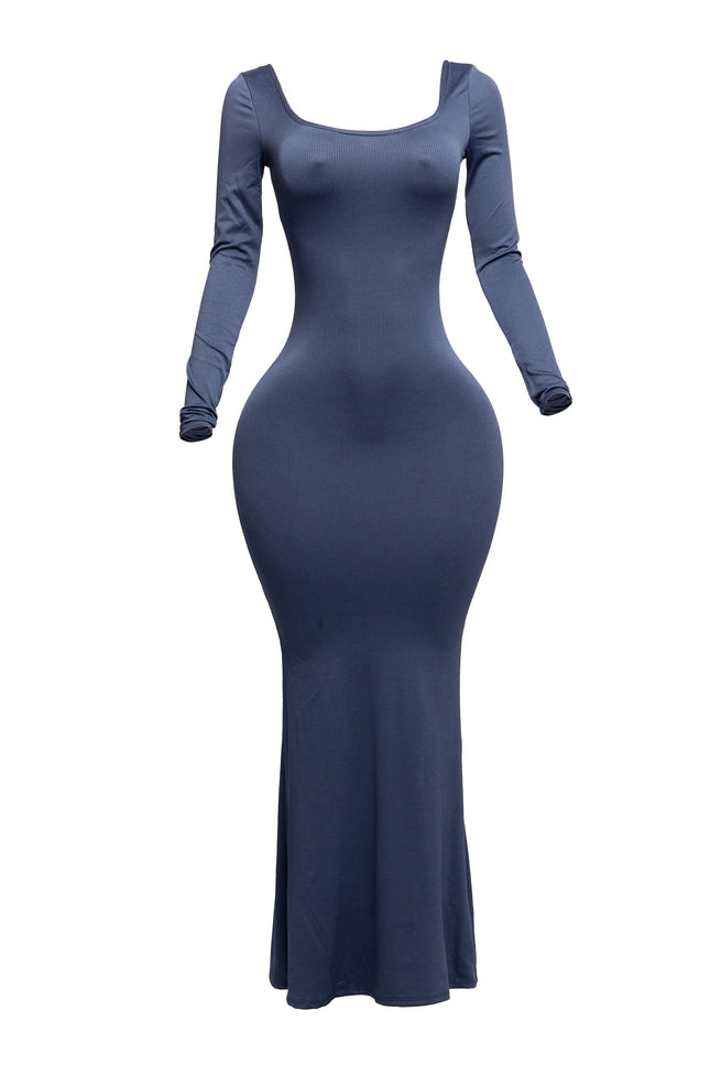 Scoop neck long sleeve mermaid maxi dress - Muvin 