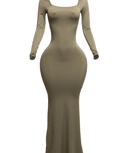 Scoop neck long sleeve mermaid maxi dress - Muvin 