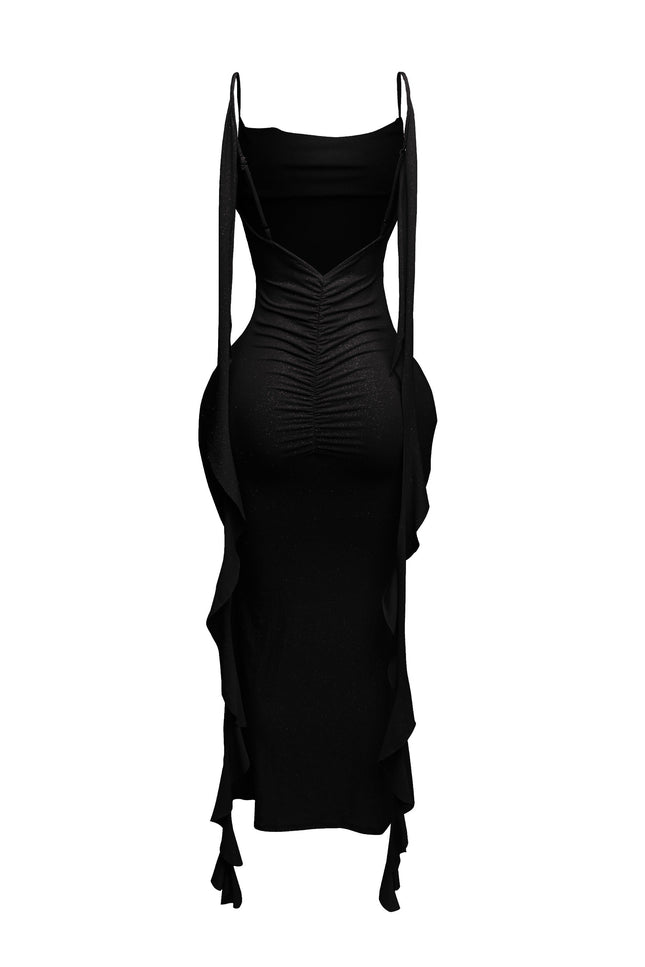 Open Ruched Back Maxi Dress w flowy accent - Muvin 