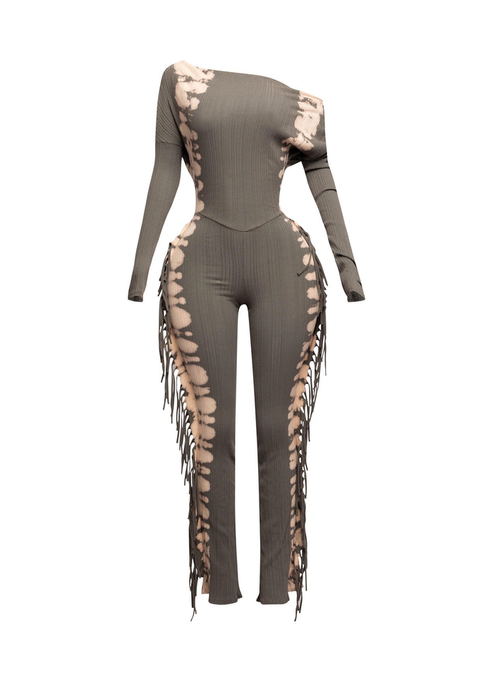 Bleached two tone colorway side fringe jumpsuit - Muvin 