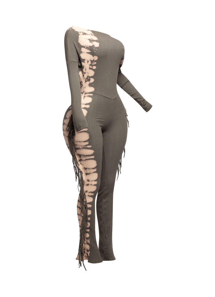 Bleached two tone colorway side fringe jumpsuit - Muvin 