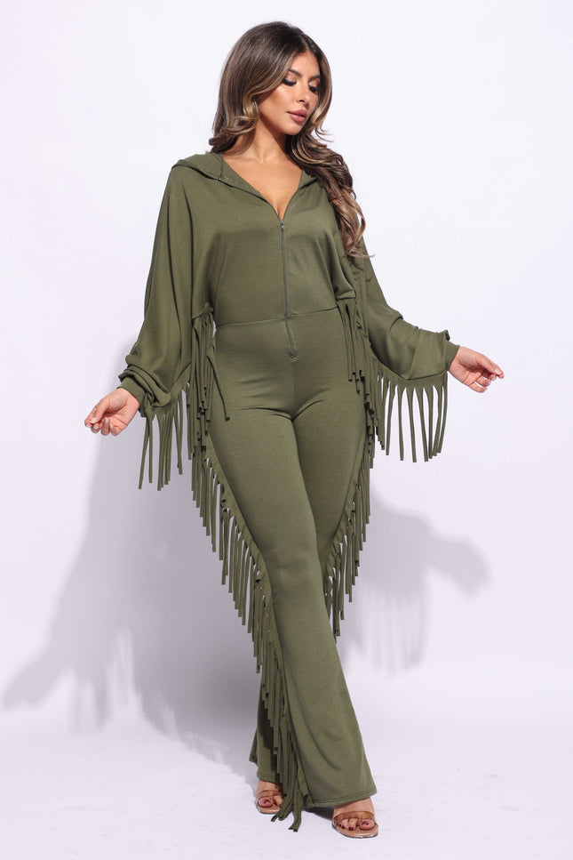 Front zipper fringe jumpsuit - Muvin 