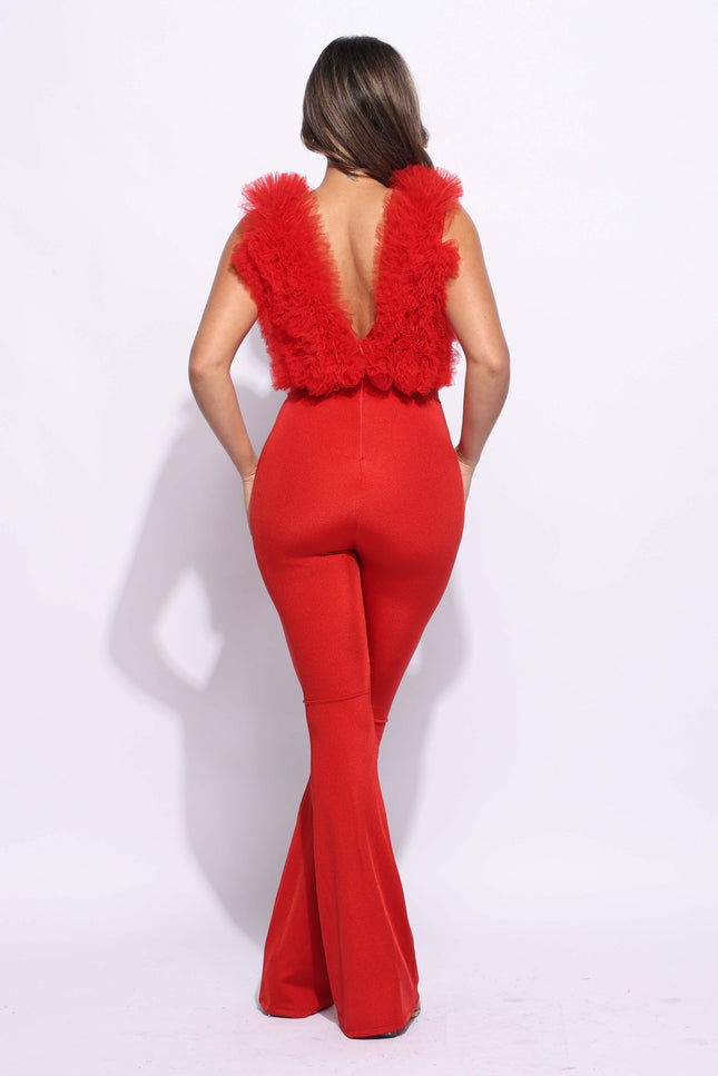 Layered ruffle deep V neck jumpsuit - Muvin 