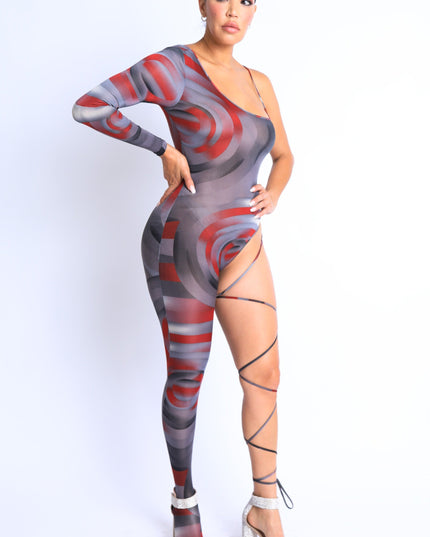 Paint Printed One Sleeve Tie Detailed Jumpsuit - Muvin 