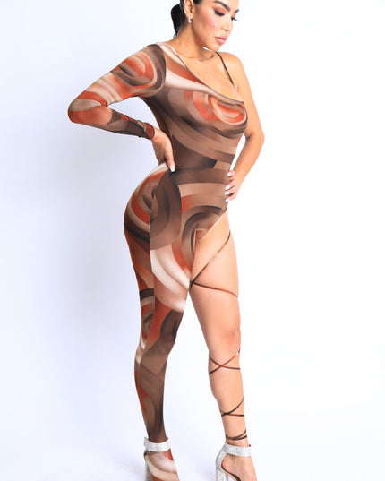 Paint Printed One Sleeve Tie Detailed Jumpsuit - Muvin 