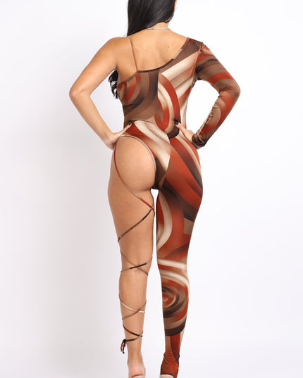 Paint Printed One Sleeve Tie Detailed Jumpsuit - Muvin 