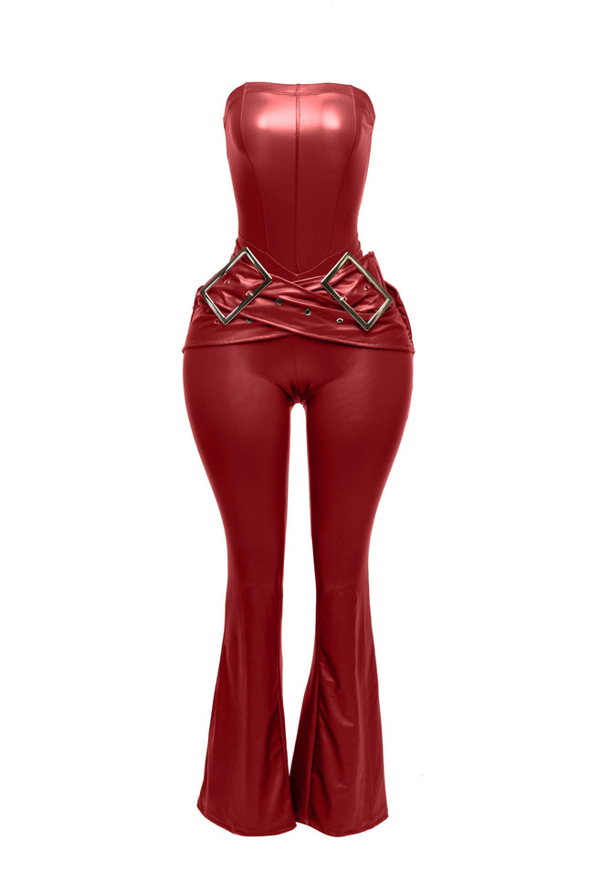 Faux Leather Belted Strapless Jumpsuit - Muvin 