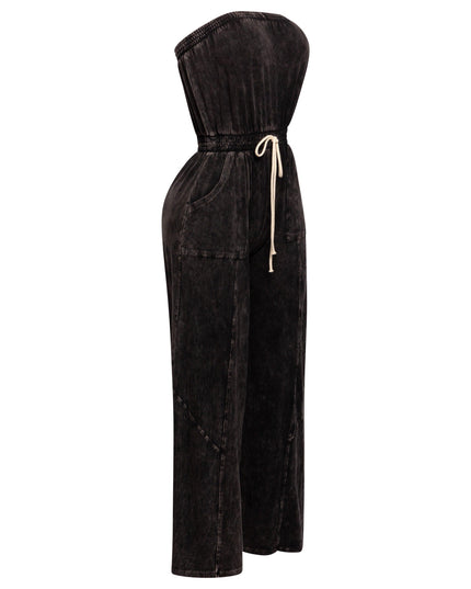 Mineral washed strapless wide leg jumpsuit - Muvin 