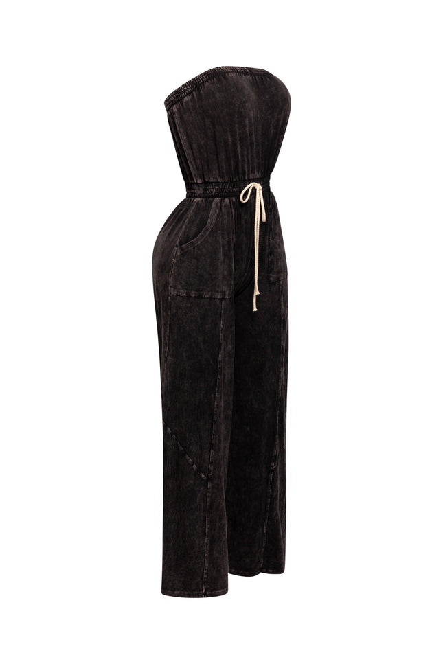 Mineral washed strapless wide leg jumpsuit - Muvin 