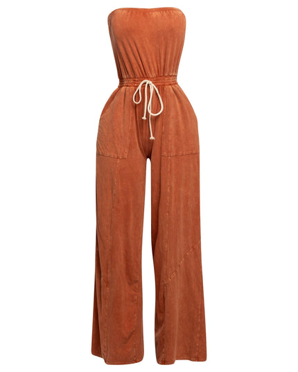Mineral washed strapless wide leg jumpsuit - Muvin 