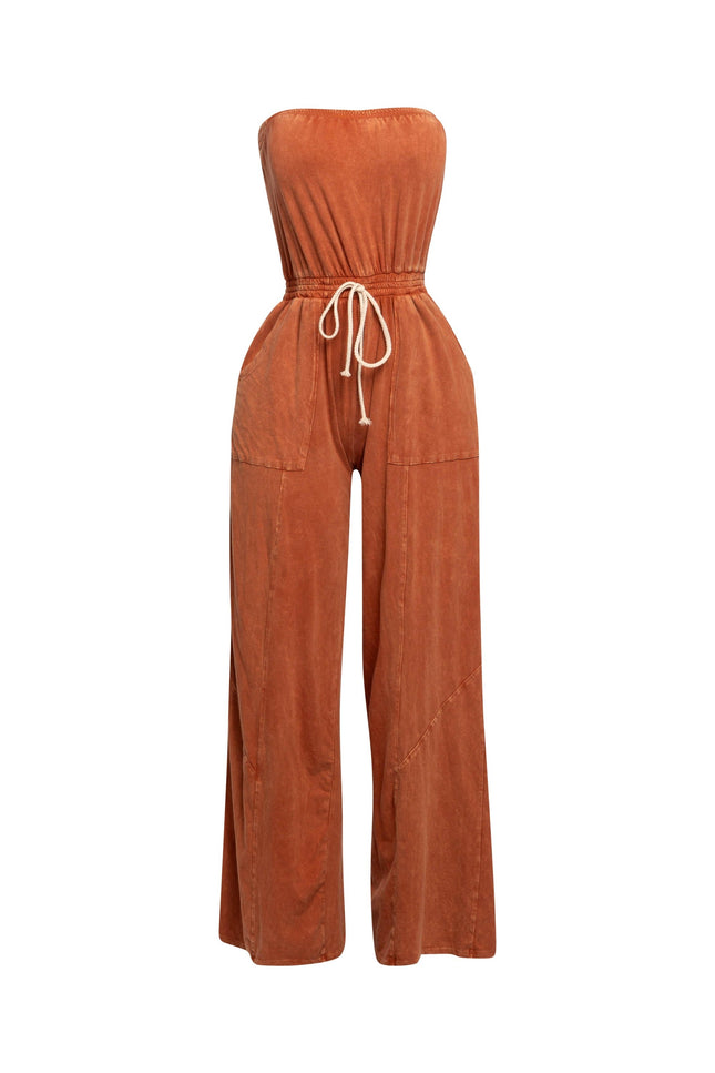 Mineral washed strapless wide leg jumpsuit - Muvin 